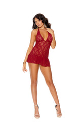 EM12042 Elegant Moments Lace Halter Neck Babydoll With Flutter Skirt And Matching Panty