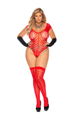 EM12142 Elegant Moments Chevron Striped Crochet Deep V Teddy And Matching Stockings