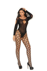 EM1352 Elegant Moments Bodystocking de red opaca y cargo con abertura frontal, hombros descubiertos, mangas largas y entrepierna abierta
