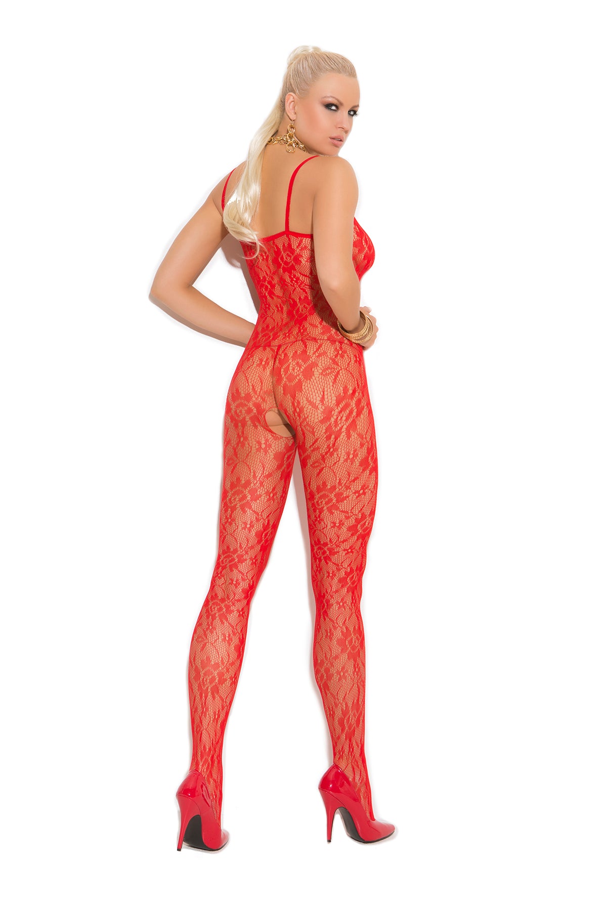 EM1610 Elegant Moments - Bodystocking de encaje rosa con entrepierna abierta