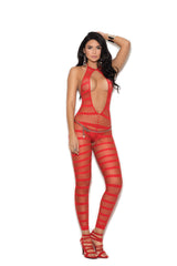 EM1632 Elegant Moments - Bodystocking de red opaca y a rayas con diamantes y entrepierna abierta
