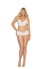 EM3229 Elegant Moments Stretch Lace Booty Shorts And A Matching Camisole Top Embellished With Satin Bows, Adjustable Straps