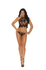 EM3967 Elegant Moments - Camisola de malla con cuello halter, detalle bordado, lazo en el cuello y cierre de cremallera en la espalda. Braguita a juego con fruncido en la espalda.