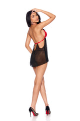 EM44179 Elegant Moments Mesh And Lace Halter Heck Babydoll With Keyhole Front, Rhinestone Accent And Back Clip Closure, Marching G-string Included