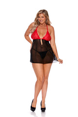 EM44179 Elegant Moments Mesh And Lace Halter Heck Babydoll With Keyhole Front, Rhinestone Accent And Back Clip Closure, Marching G-string Included