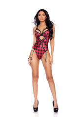EM77173 Elegant Moments Buffalo Plaid Print Slip On Teddiette With Strappy Front Detail, Underwire Cups, Adjustable Straps And Hook And Eye Back Closure, Garters Are Adjustable And Detachable