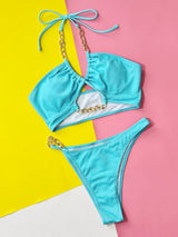 TR-10010048141 Halter Neck Chain Detail Two-Piece Bikini Set