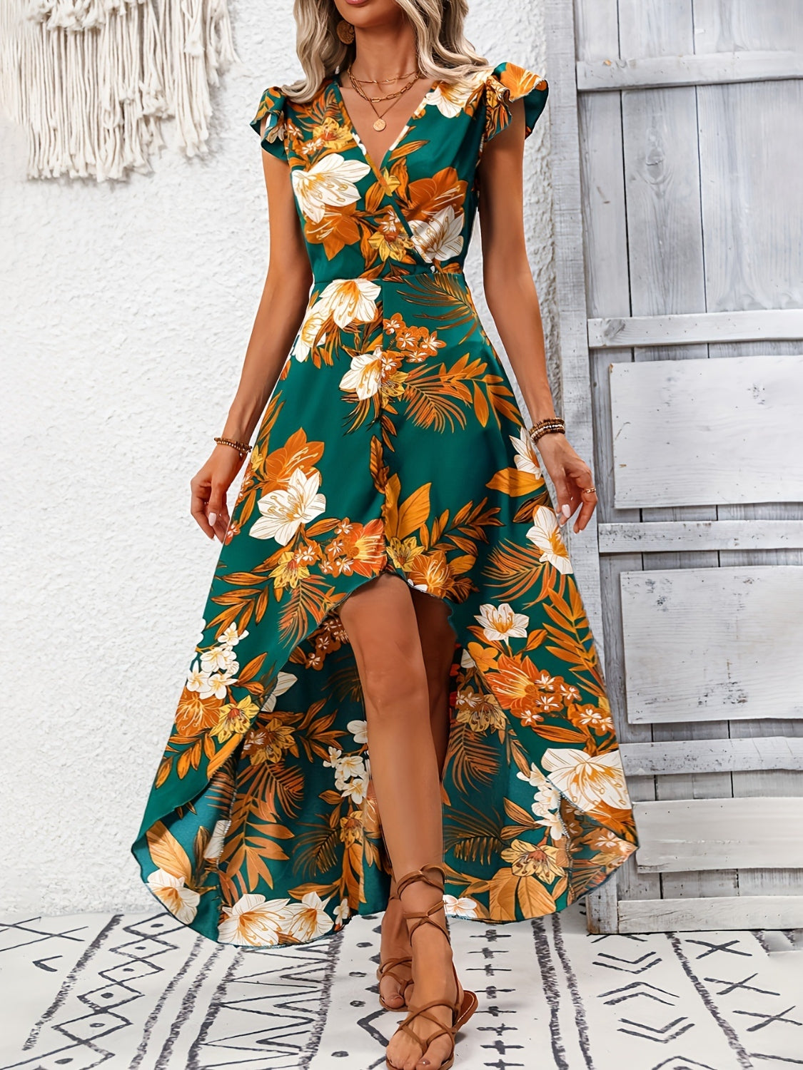 TR-10010093345 High-Low Printed Cap Sleeve Maxi Dress