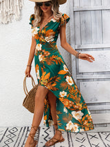 TR-10010093345 High-Low Printed Cap Sleeve Maxi Dress