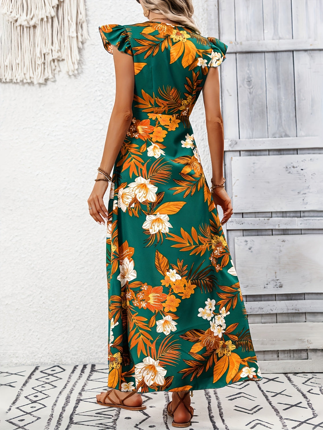 TR-10010093345 High-Low Printed Cap Sleeve Maxi Dress