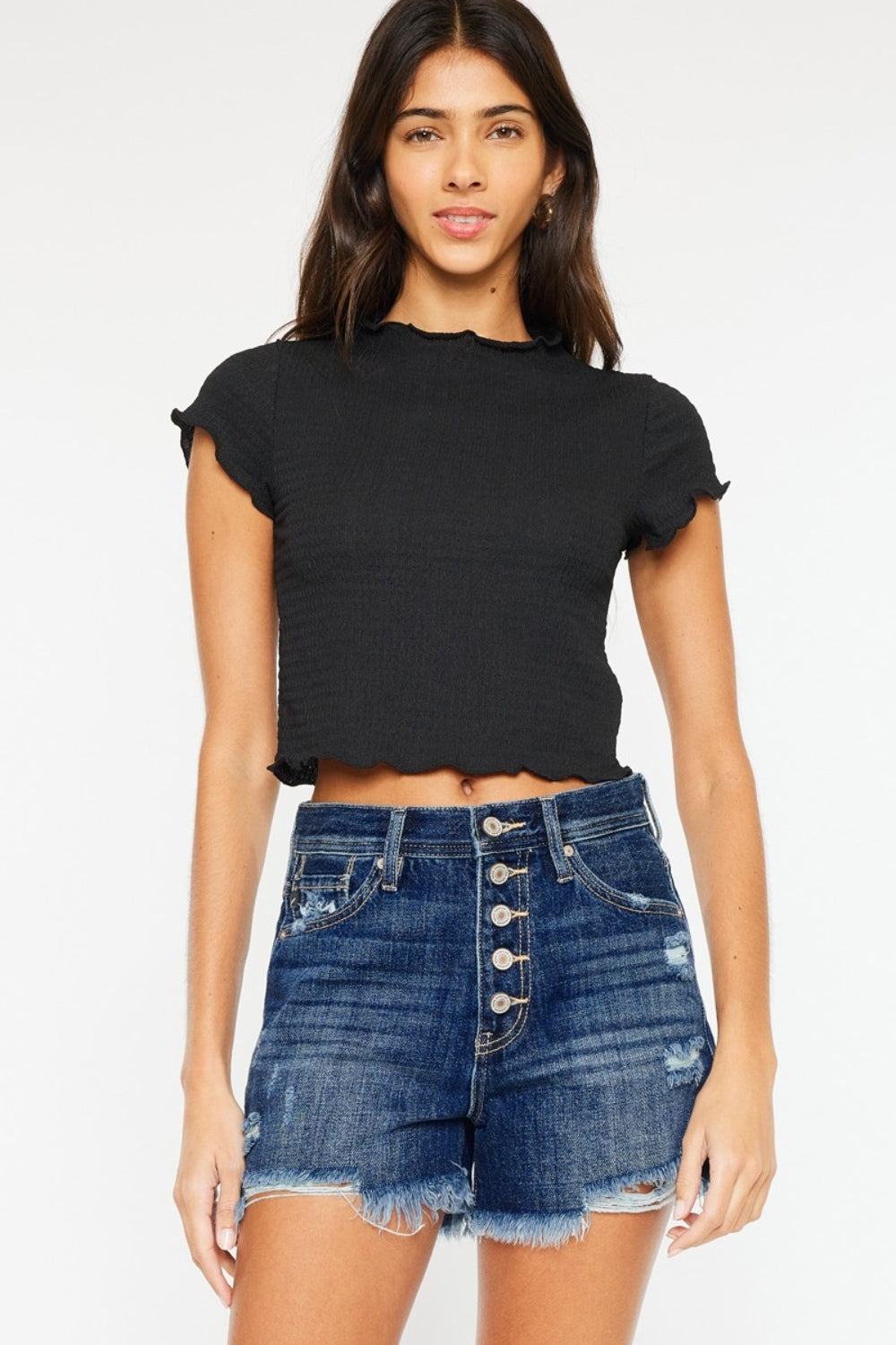 TR-10010059534 Kancan Raw Hem Button-Fly Denim Shorts