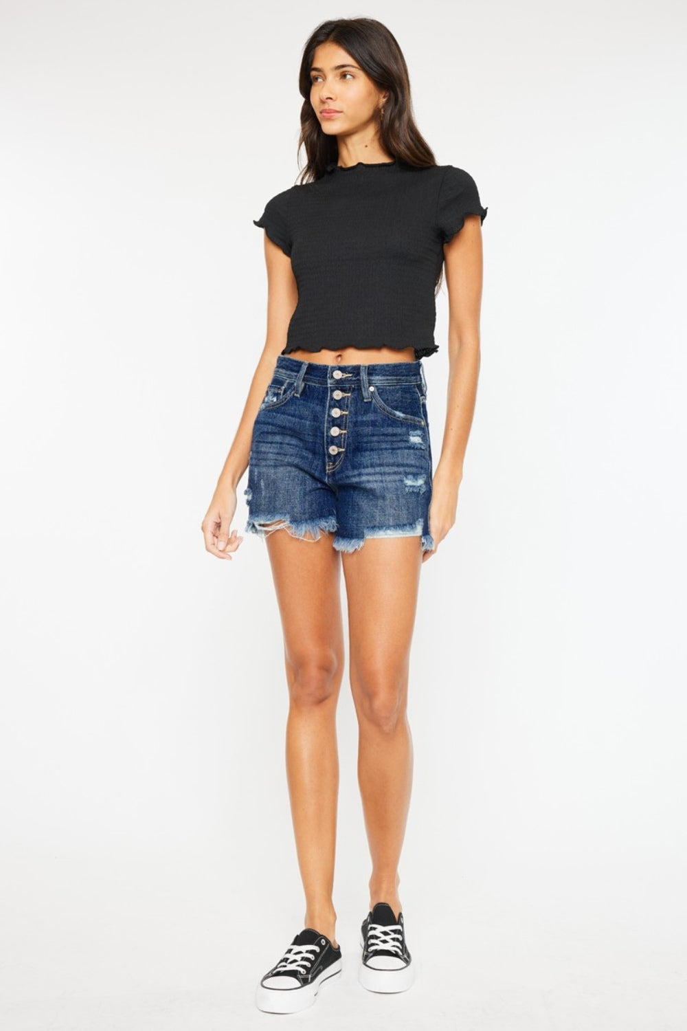 TR-10010059534 Kancan Raw Hem Button-Fly Denim Shorts