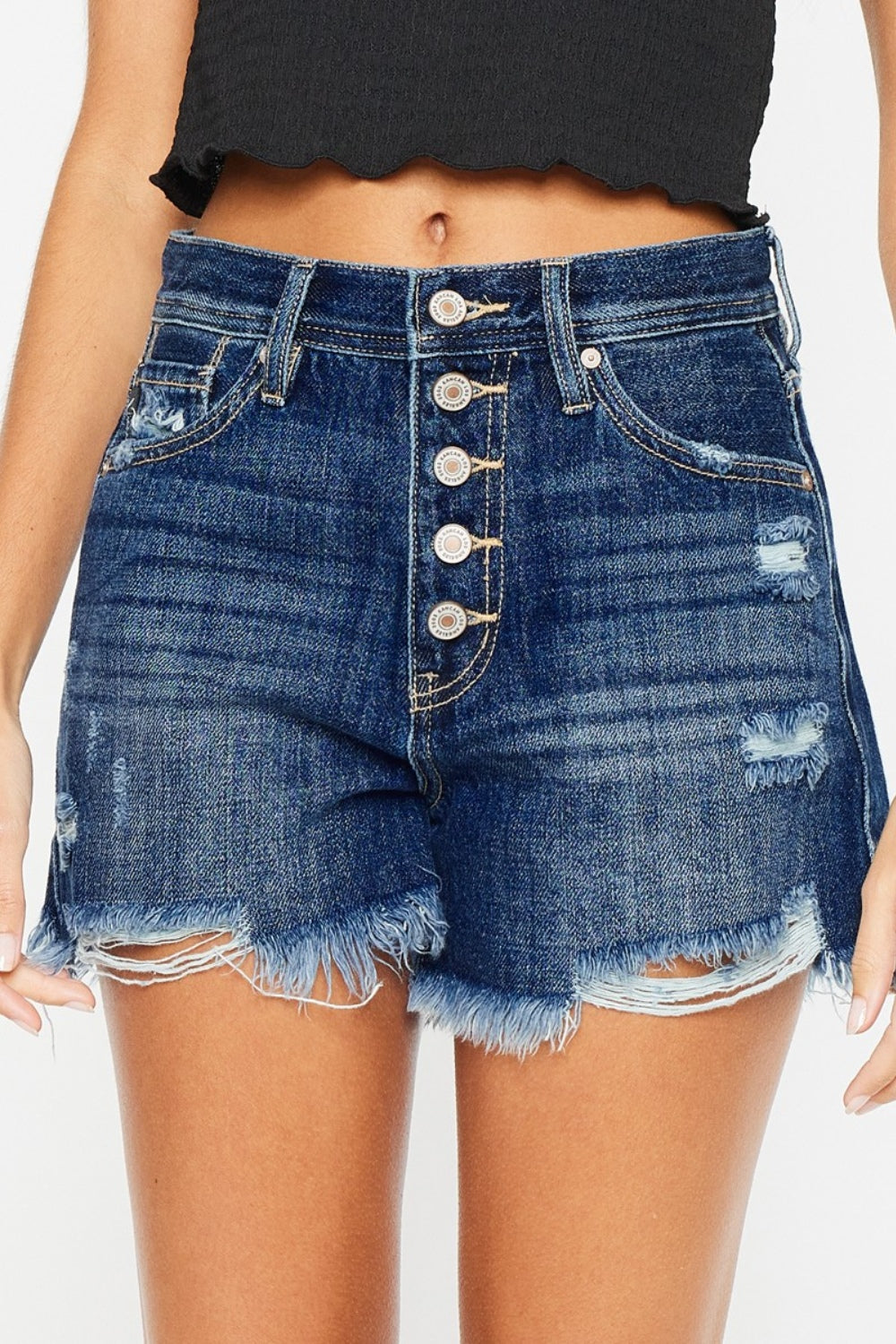 TR-10010059534 Kancan Raw Hem Button-Fly Denim Shorts