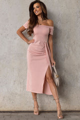 TR-10010092139 Off-Shoulder Short Sleeve Split Dress