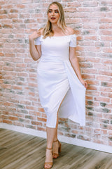 TR-10010092139 Off-Shoulder Short Sleeve Split Dress