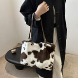 TR-10070063473 Cow Print Furry Tote Bag