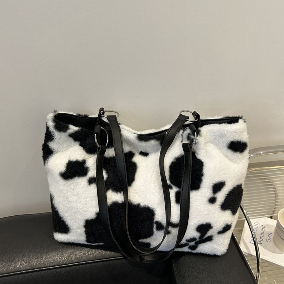 TR-10070063473 Cow Print Furry Tote Bag