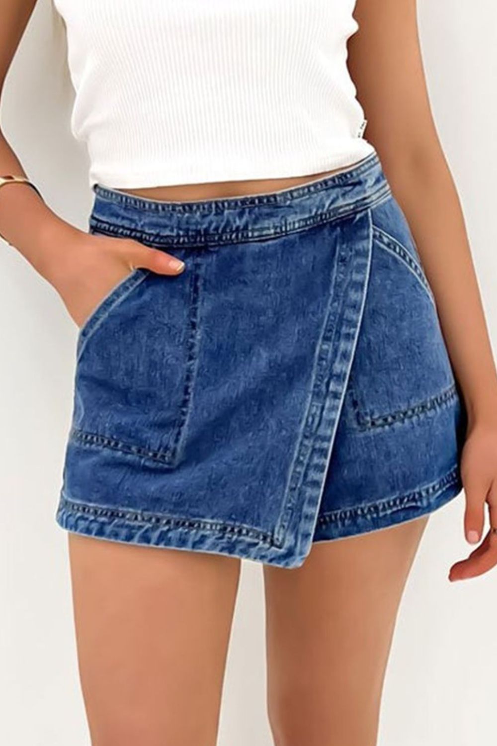 TR-10010026391 Asymmetrical Denim Skort with Pockets