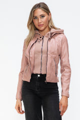 TR-10010086233 Snobbish Faux Leather Zip Up Drawstring Hooded Jacket