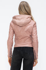 TR-10010086233 Snobbish Faux Leather Zip Up Drawstring Hooded Jacket
