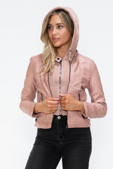 TR-10010086233 Snobbish Faux Leather Zip Up Drawstring Hooded Jacket
