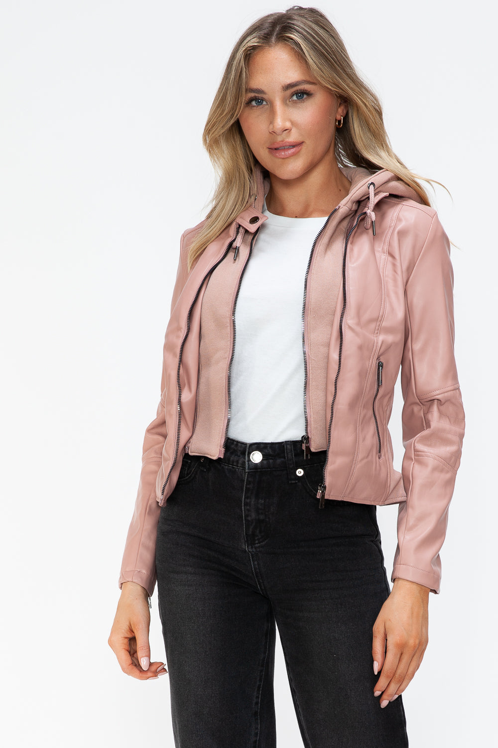 TR-10010086233 Snobbish Faux Leather Zip Up Drawstring Hooded Jacket