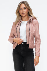 TR-10010086233 Snobbish Faux Leather Zip Up Drawstring Hooded Jacket