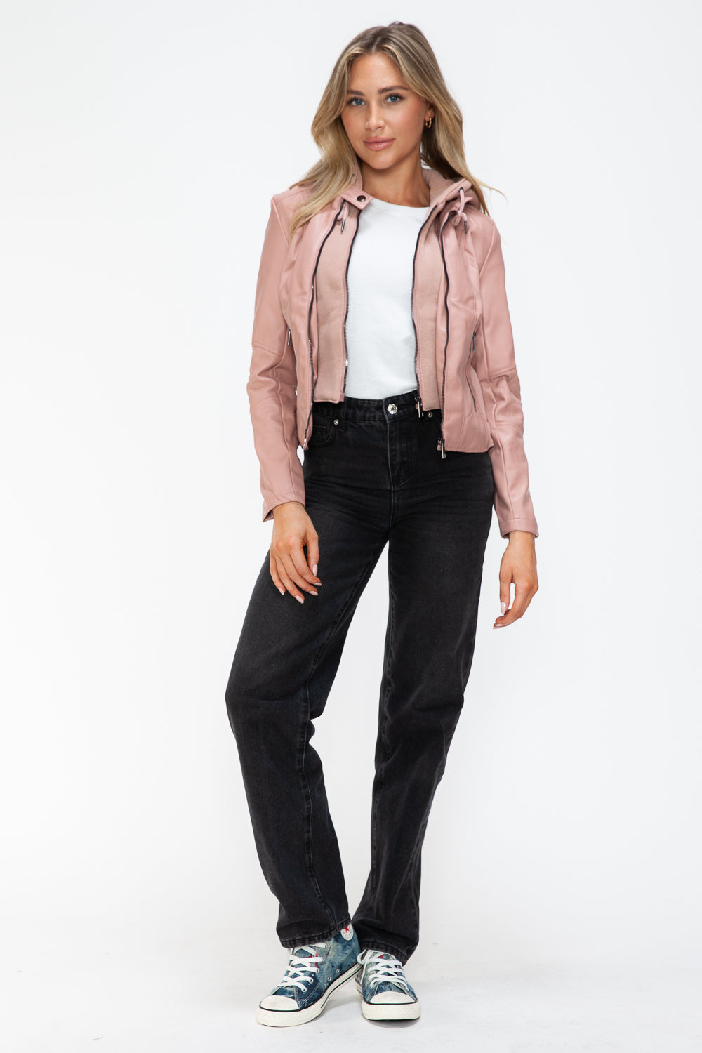 TR-10010086233 Snobbish Faux Leather Zip Up Drawstring Hooded Jacket