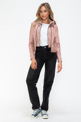 TR-10010086233 Snobbish Faux Leather Zip Up Drawstring Hooded Jacket
