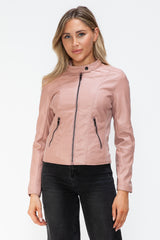 TR-10010086233 Snobbish Faux Leather Zip Up Drawstring Hooded Jacket