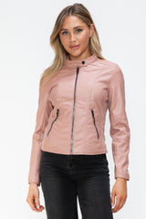 TR-10010086233 Snobbish Faux Leather Zip Up Drawstring Hooded Jacket