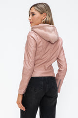 TR-10010086233 Snobbish Faux Leather Zip Up Drawstring Hooded Jacket