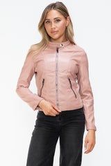 TR-10010086233 Snobbish Faux Leather Zip Up Drawstring Hooded Jacket