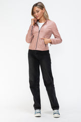 TR-10010086233 Snobbish Faux Leather Zip Up Drawstring Hooded Jacket
