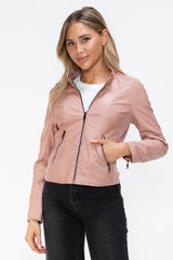 TR-10010086233 Snobbish Faux Leather Zip Up Drawstring Hooded Jacket