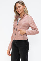 TR-10010086233 Snobbish Faux Leather Zip Up Drawstring Hooded Jacket