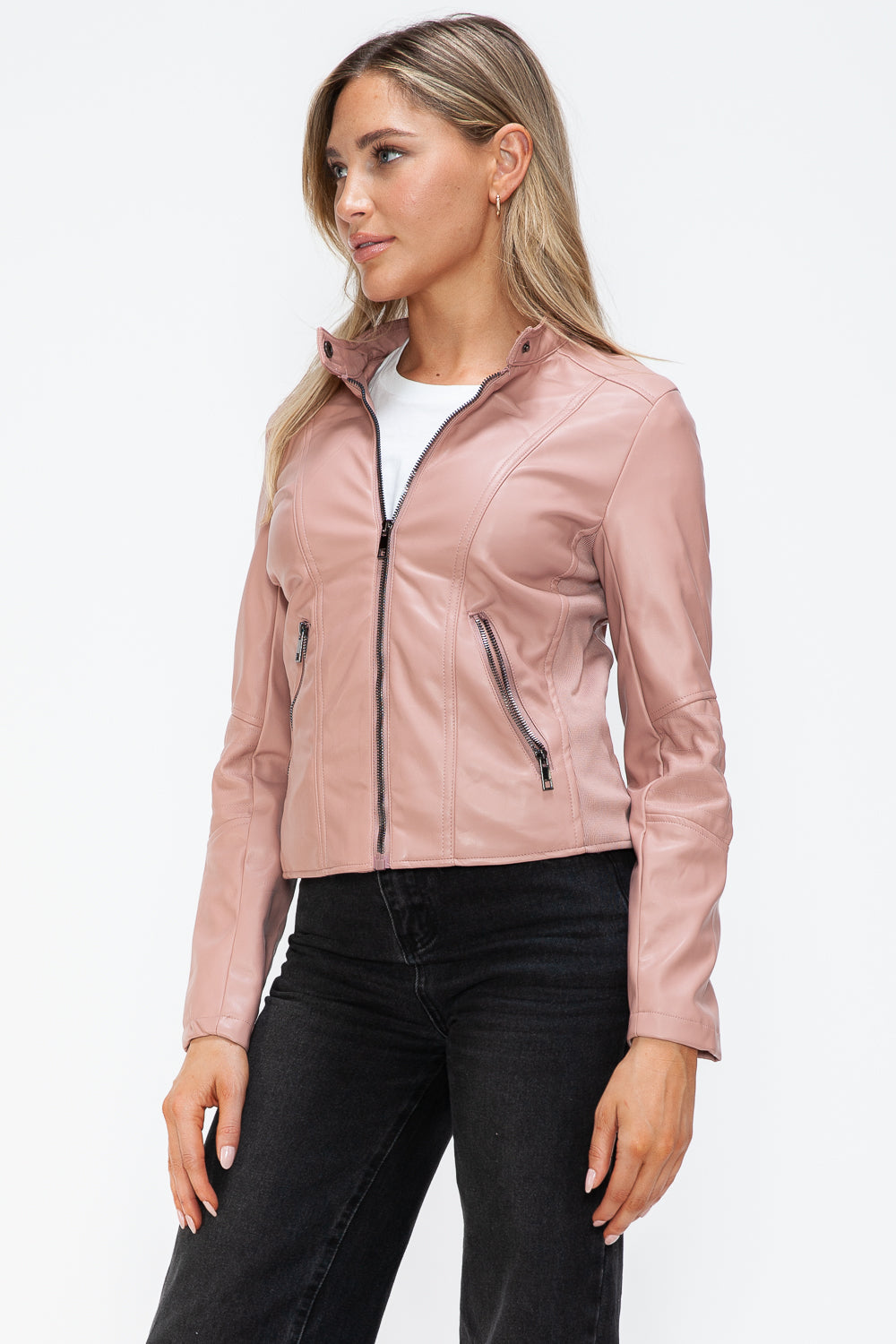 TR-10010086233 Snobbish Faux Leather Zip Up Drawstring Hooded Jacket