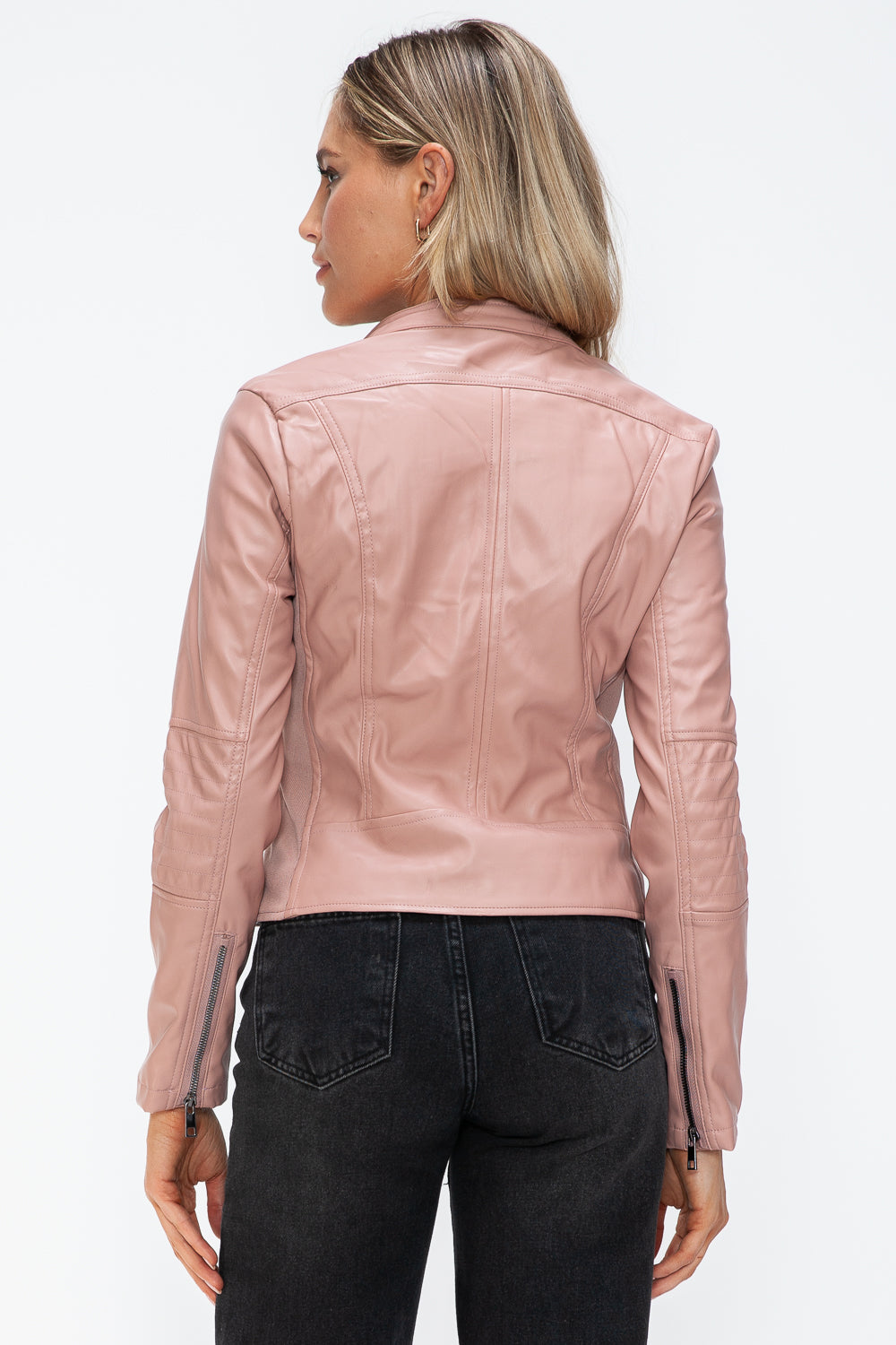 TR-10010086233 Snobbish Faux Leather Zip Up Drawstring Hooded Jacket