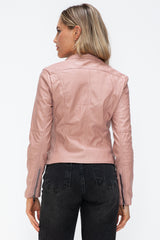 TR-10010086233 Snobbish Faux Leather Zip Up Drawstring Hooded Jacket