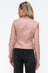 TR-10010086233 Snobbish Faux Leather Zip Up Drawstring Hooded Jacket