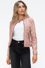 TR-10010086233 Snobbish Faux Leather Zip Up Drawstring Hooded Jacket