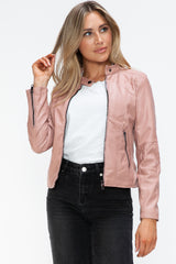 TR-10010086233 Snobbish Faux Leather Zip Up Drawstring Hooded Jacket
