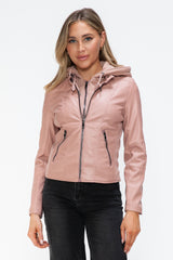 TR-10010086233 Snobbish Faux Leather Zip Up Drawstring Hooded Jacket