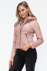 TR-10010086233 Snobbish Faux Leather Zip Up Drawstring Hooded Jacket