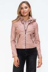 TR-10010086233 Snobbish Faux Leather Zip Up Drawstring Hooded Jacket
