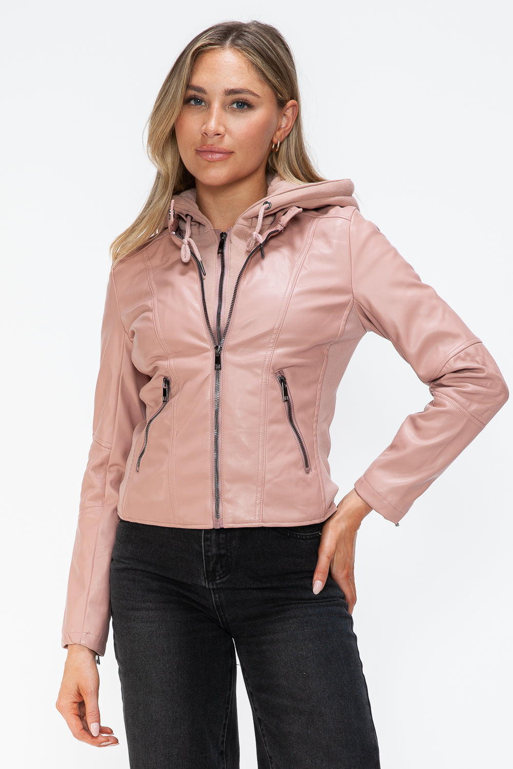 TR-10010086233 Snobbish Faux Leather Zip Up Drawstring Hooded Jacket