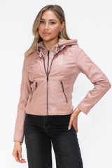 TR-10010086233 Snobbish Faux Leather Zip Up Drawstring Hooded Jacket