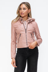 TR-10010086233 Snobbish Faux Leather Zip Up Drawstring Hooded Jacket