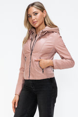 TR-10010086233 Snobbish Faux Leather Zip Up Drawstring Hooded Jacket