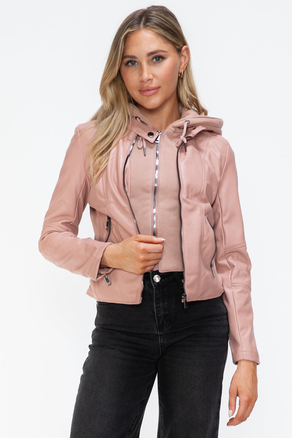 TR-10010086233 Snobbish Faux Leather Zip Up Drawstring Hooded Jacket